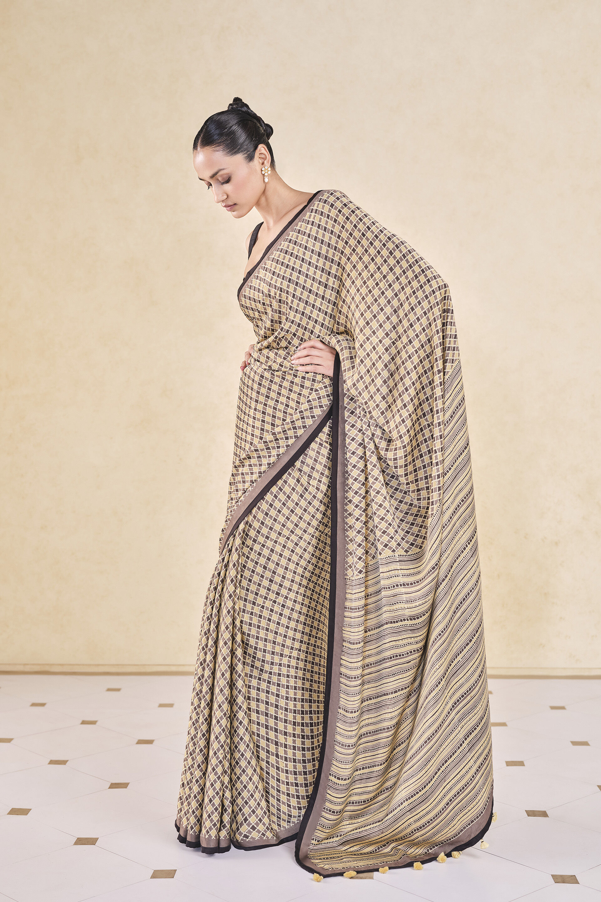 Briscoe Handcrafted Ajrakh Saree, Mustard, image 3